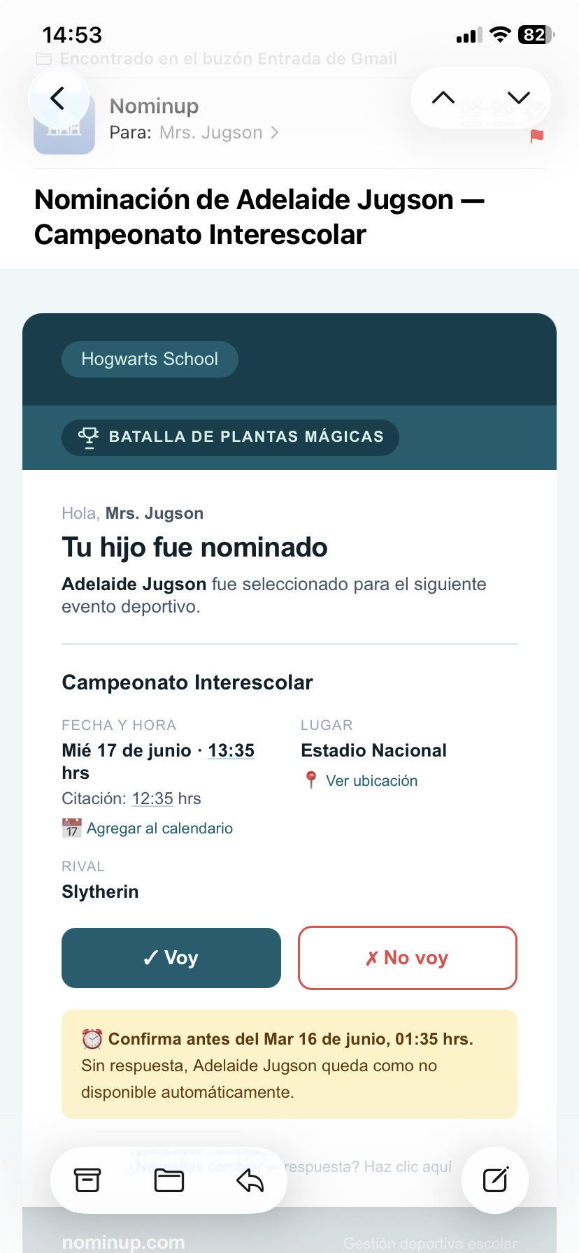Nominup — confirmación de asistencia por apoderado
